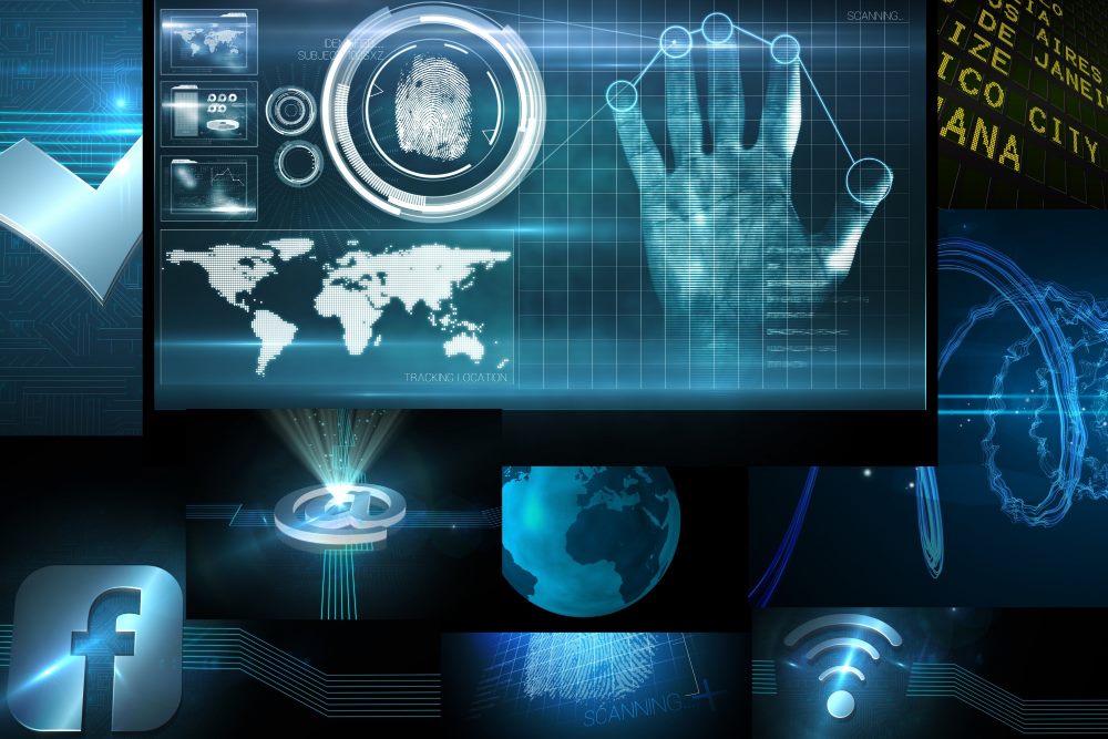 A collage of digital mapping, biometric scanning and interface graphics