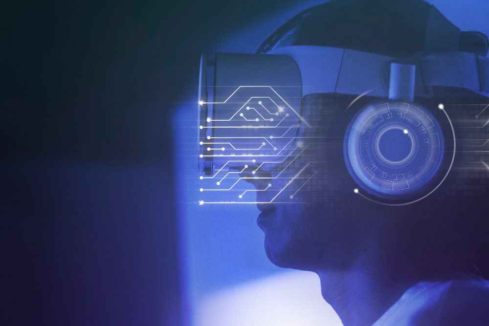 Close view of a person wearing a virtual reality headset with a luminous interface